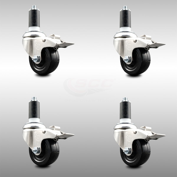 Service Caster 3 Inch 316SS Hard Rubber Wheel Swivel 1-3/8 Inch Stem Caster Set Lock Brake SCC SCC-SS316TTLEX20S314-HRS-138-4 - main